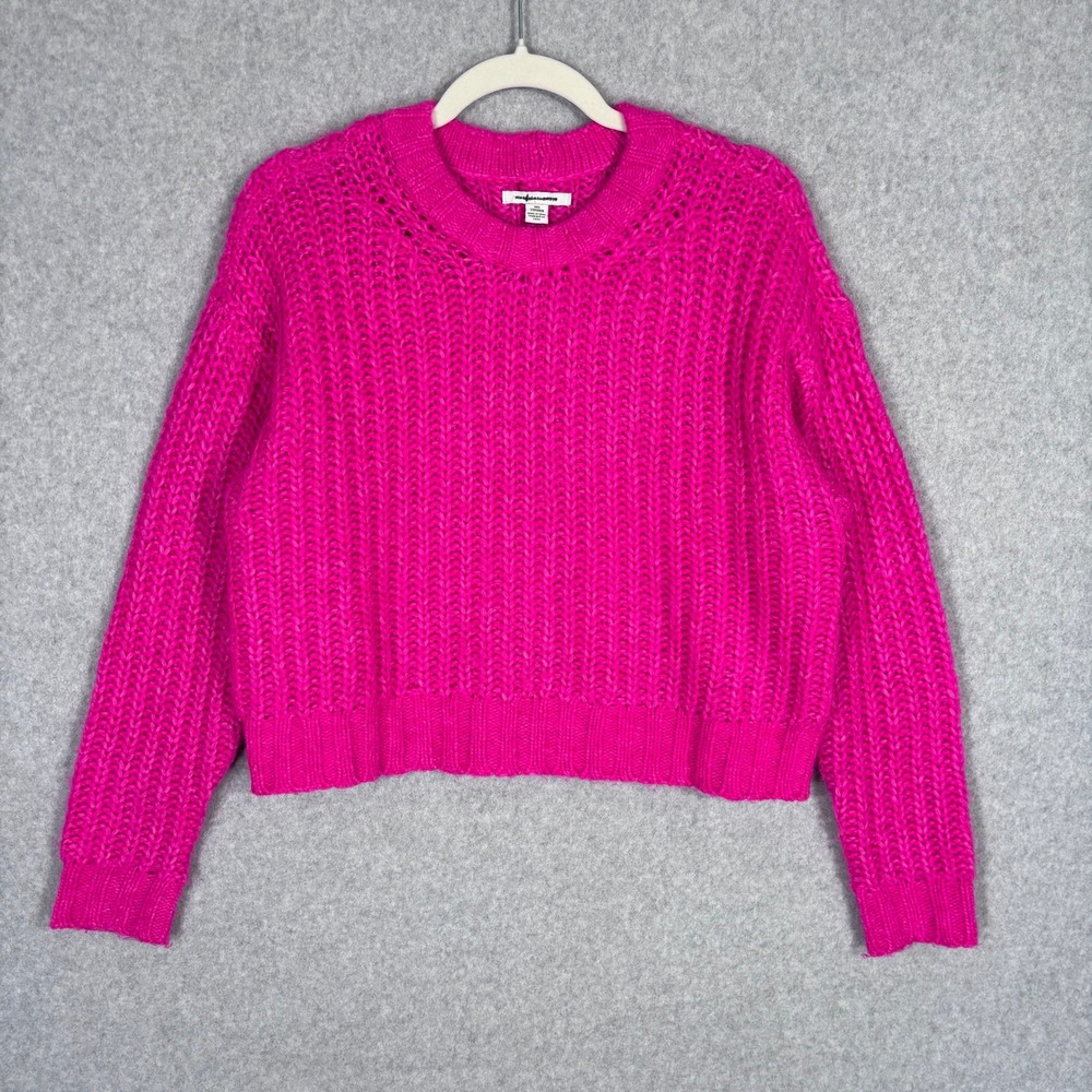 American Eagle Open Knit Cropped‎ Sweater XXS Hot Neon Pink 90s Chunky Crochet